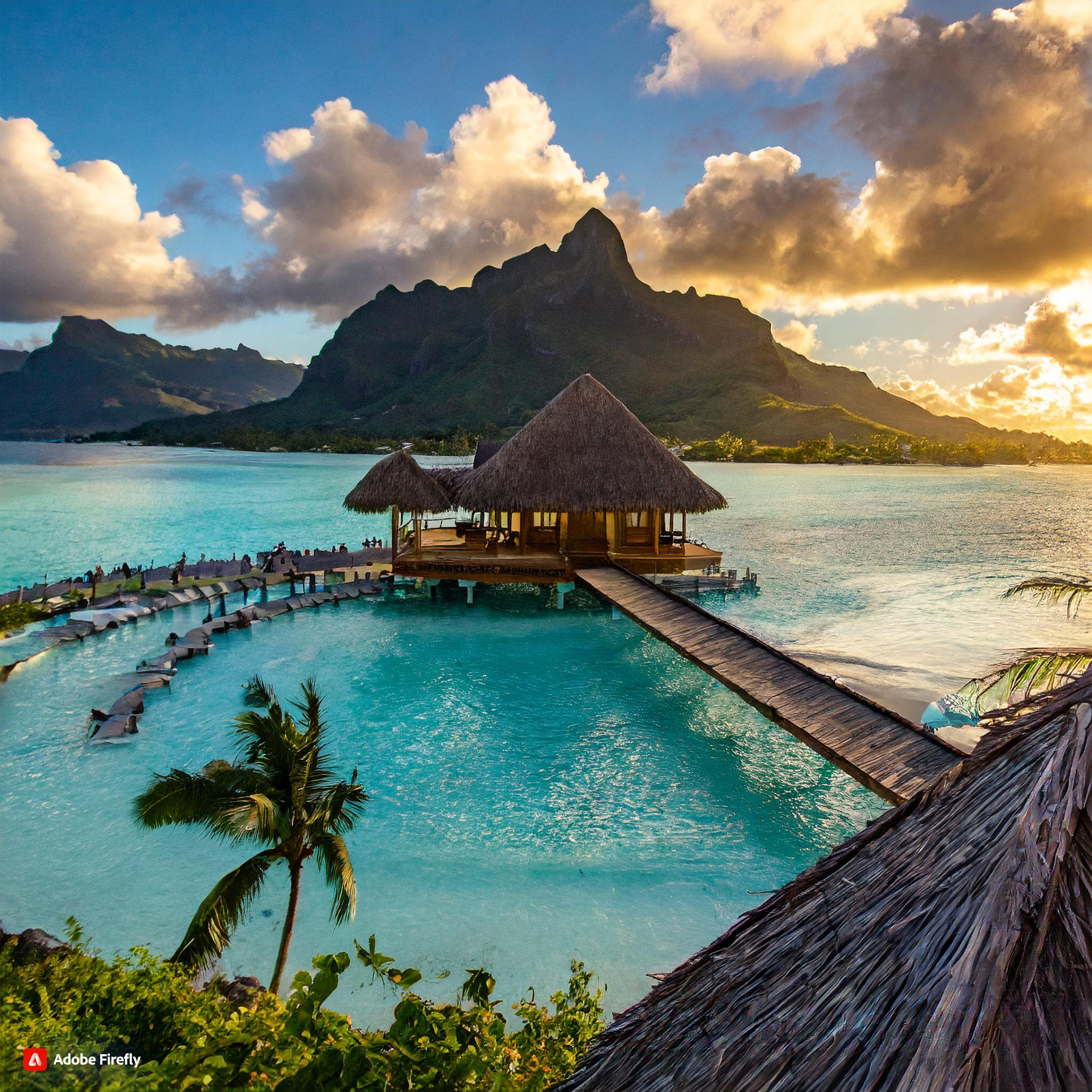  Bora Bora, Hawaii hut hotel on top of the ocean, bridge to the land, more islands at the distsance, sunset, plam trees, and ocean view